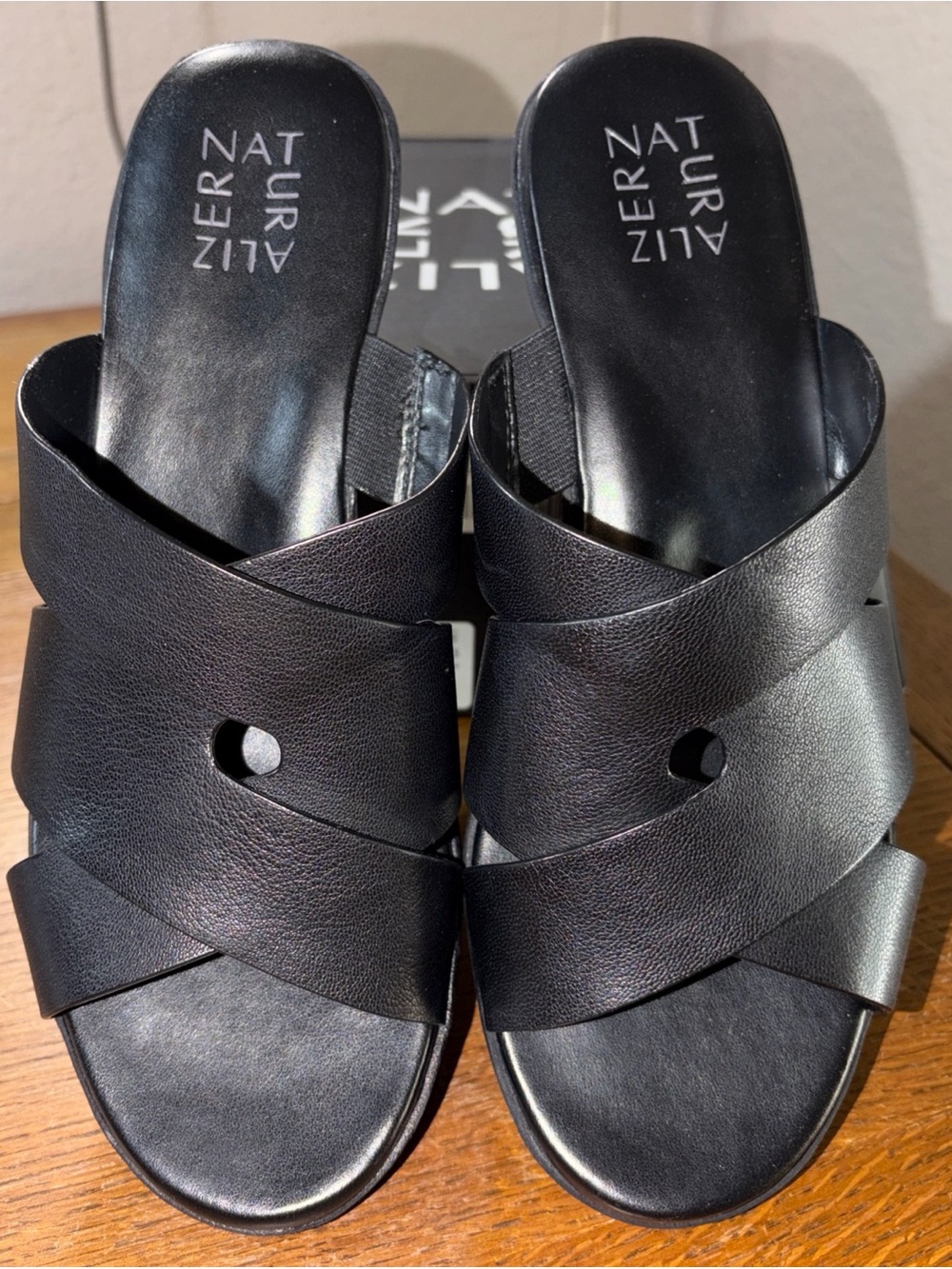 Naturalizer Women’s Rowena Leather Black Wedge Sandals Shoes